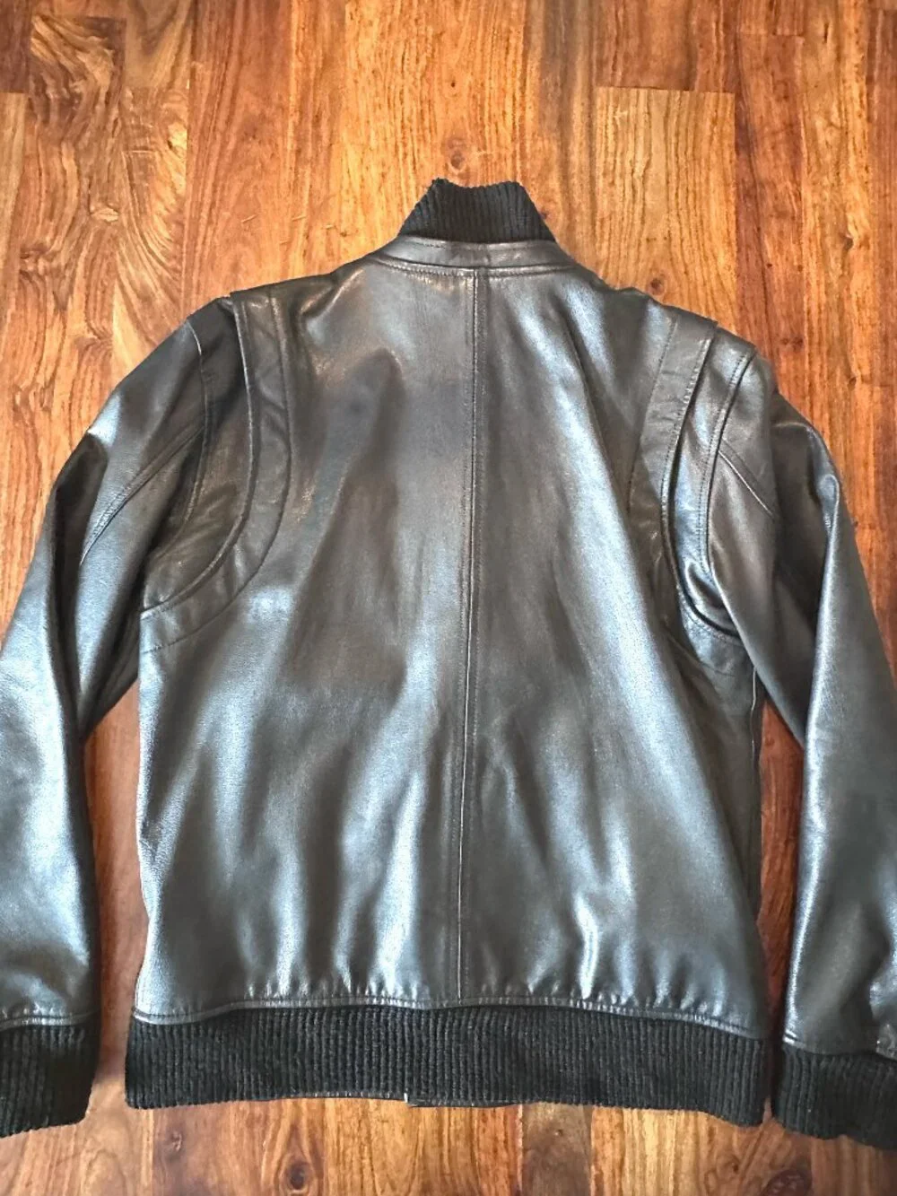 Vintage Public School, Black Leather Bomber w/ Knit Collar, Men Size L